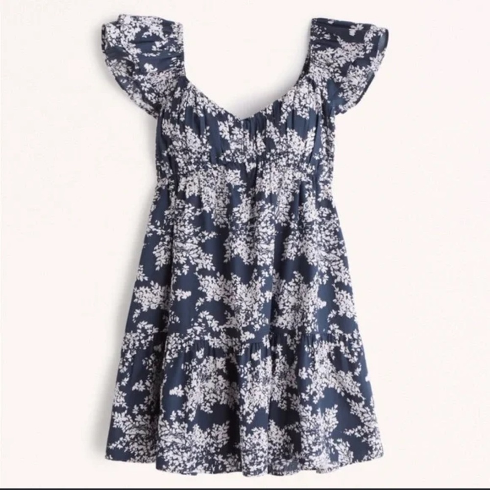 Abercrombie Ruched Flutter Sleeve Mini Dress - Navy Floral Excellent condition
